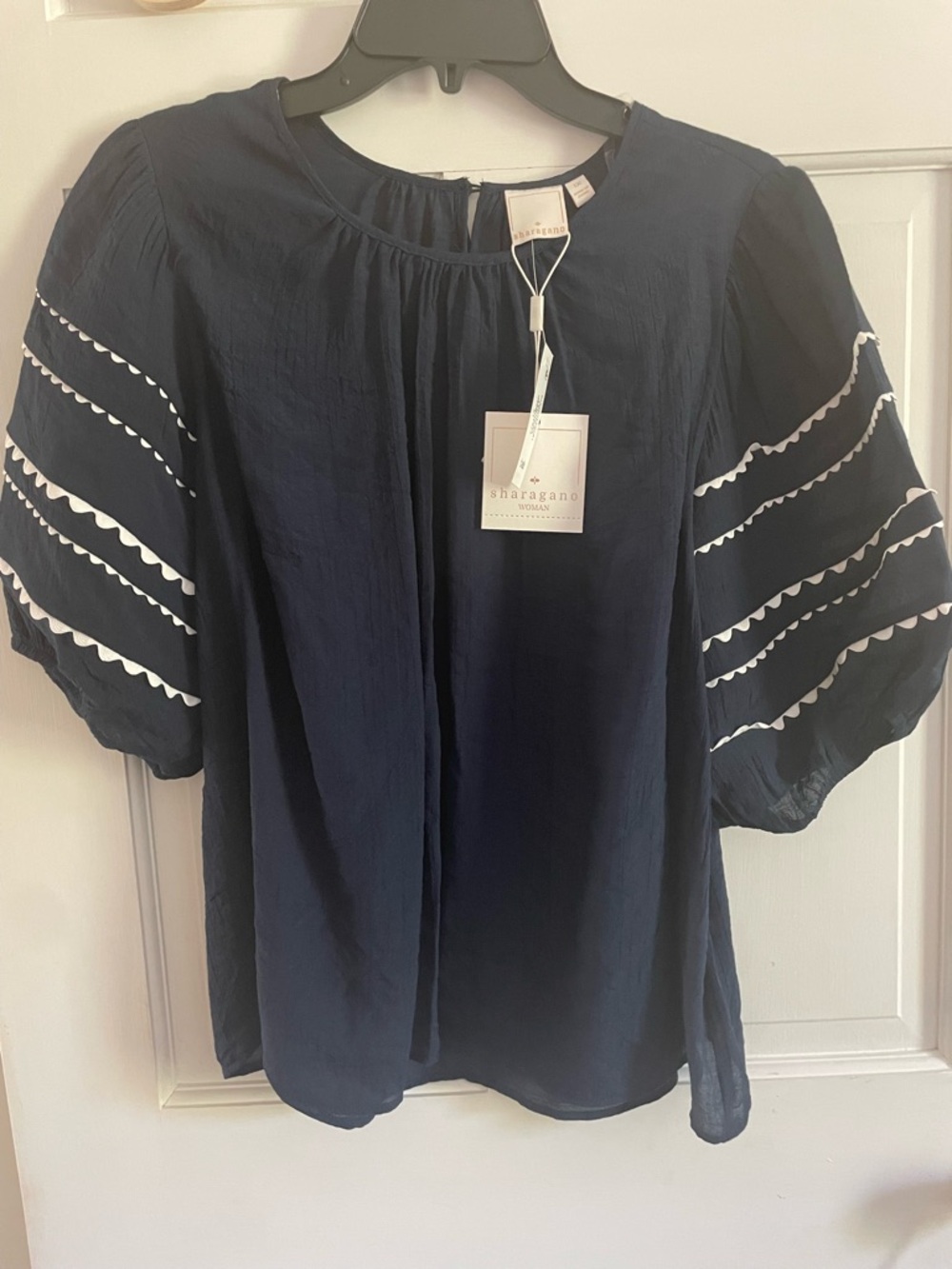 Sharagano Navy Puff Sleeve Blouse with White Trim